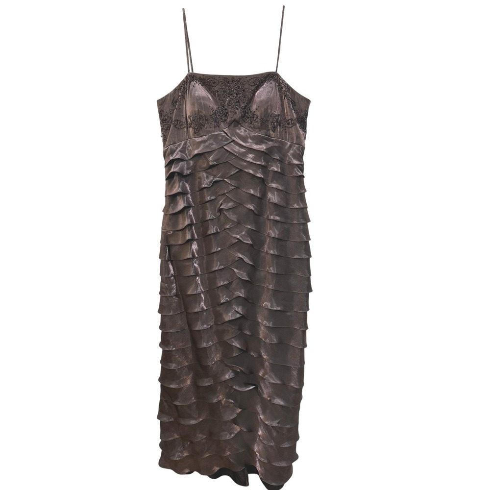 Alex Evenings Women Metallic Beaded Tiered Ruffle Evening Dress Mauve Sz 16 NEW